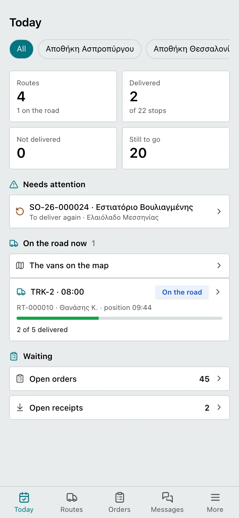 The Today screen on a phone: routes, deliveries, what needs attention and the van on the road.